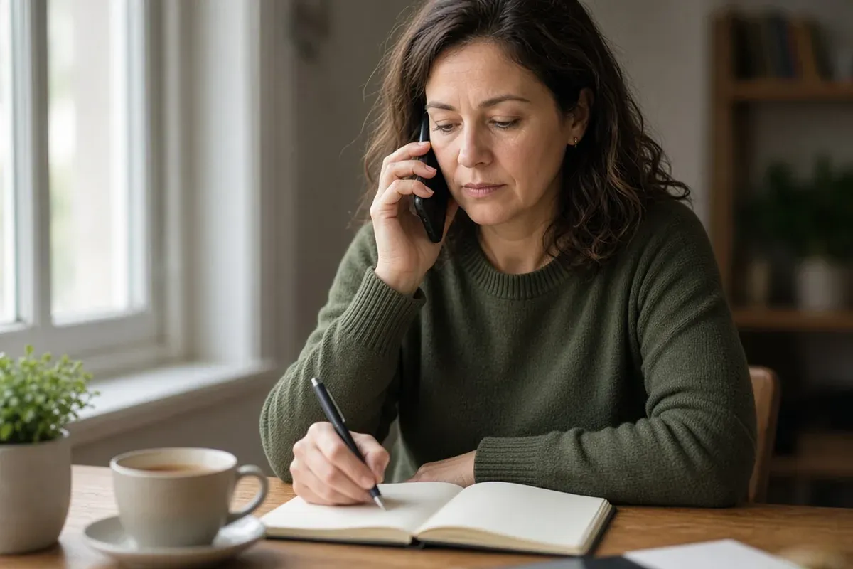 Adult on a phone call at a home desk, taking notes in a notebook.