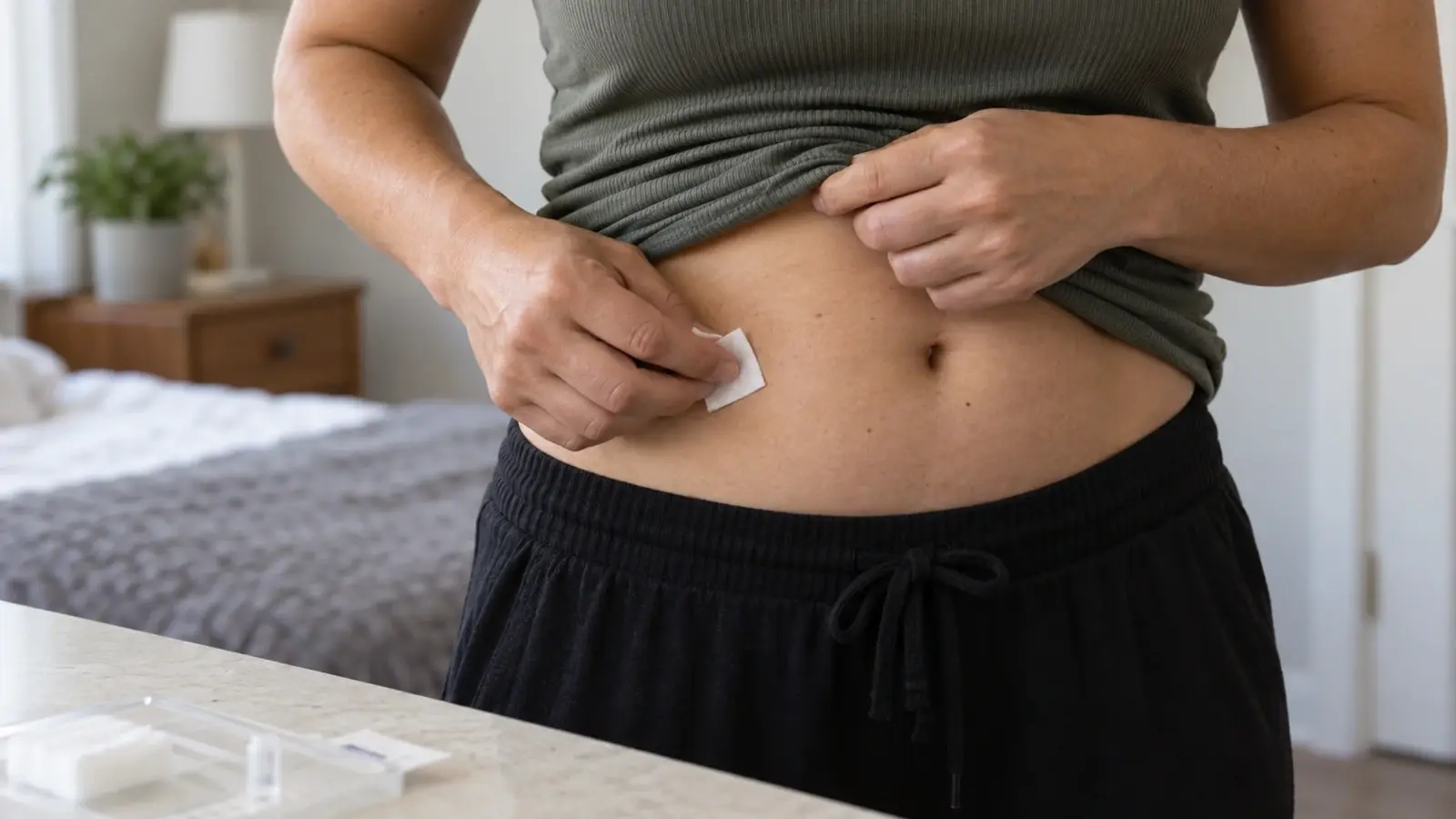 Adult at home preparing an abdominal injection site with an alcohol pad beside a kitchen counter.