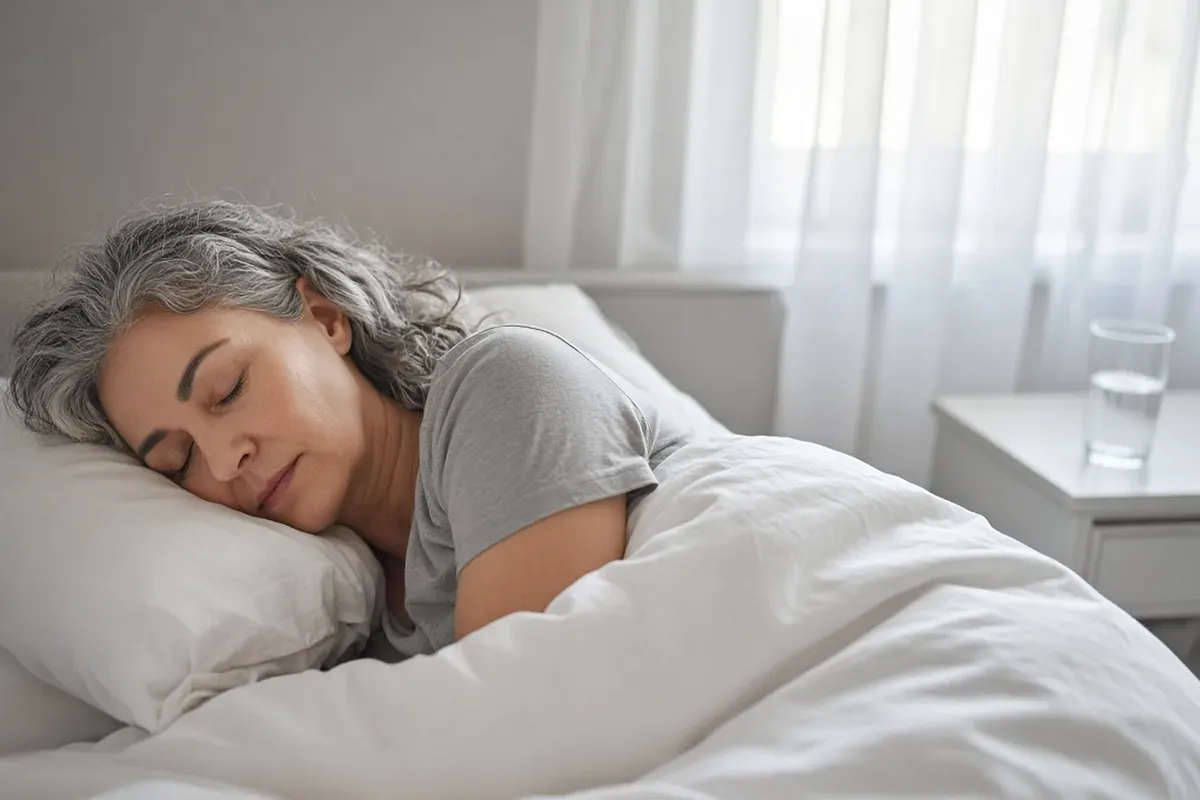Adult sleeping peacefully in a bright, tidy bedroom in soft morning light.
