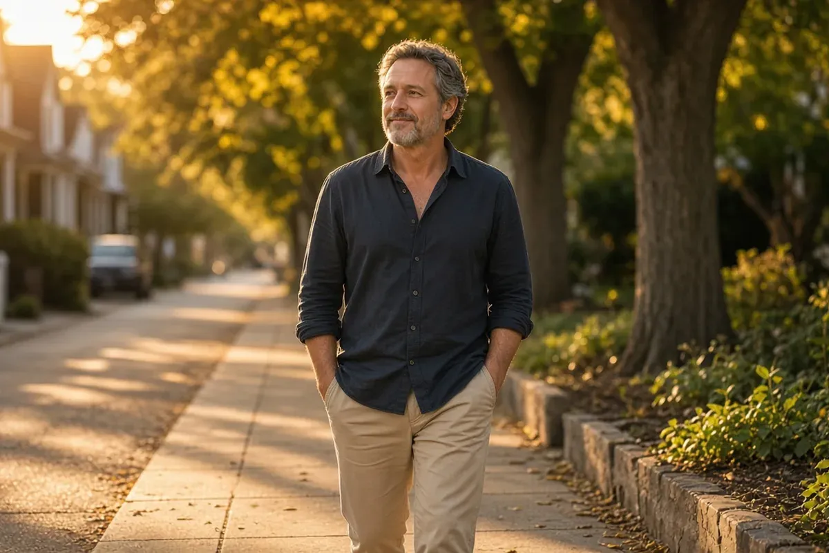 Middle-aged adult taking a relaxed evening walk on a tree-lined neighborhood sidewalk.