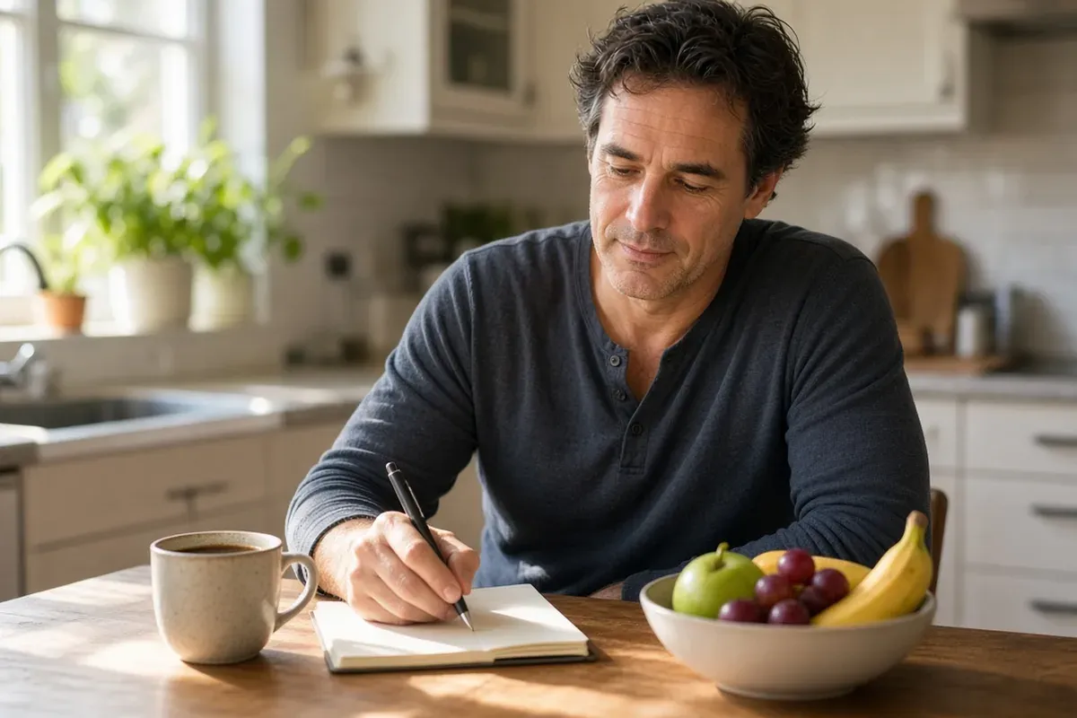 Adult writing questions in a notebook at a sunny kitchen table with a cup of coffee.