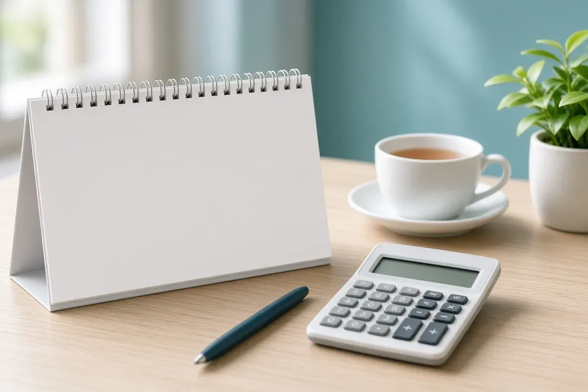 Calendar and calculator on a desk for yearly budgeting.