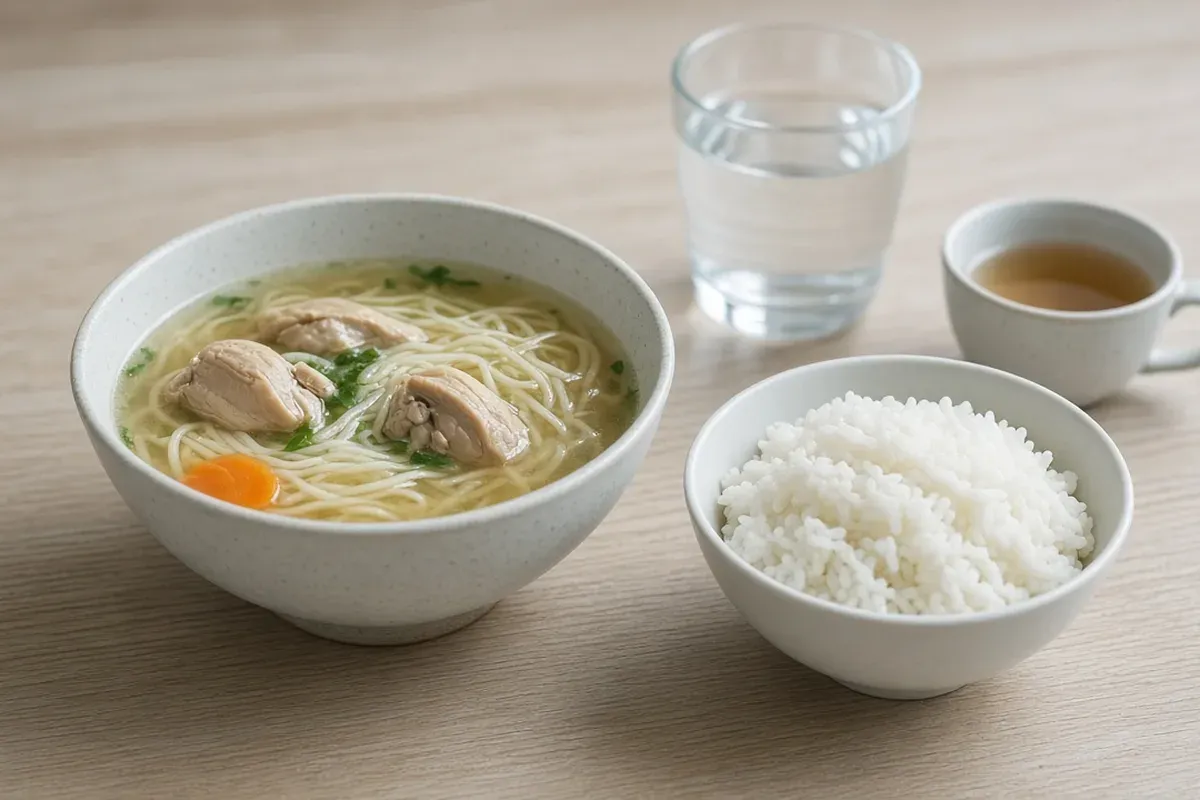 Small bowl of clear chicken broth, plain white rice, a glass of water and tea on a wooden table.