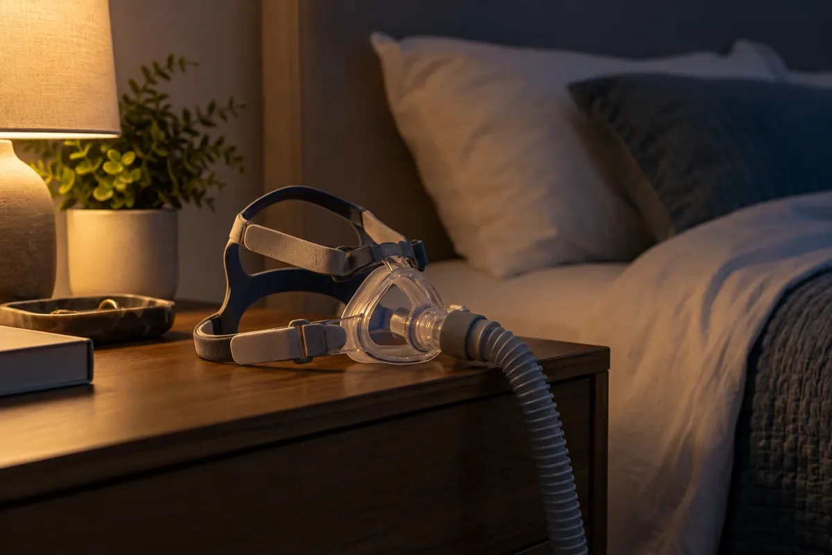CPAP mask resting on a bedside table at night, representing obstructive sleep apnea.