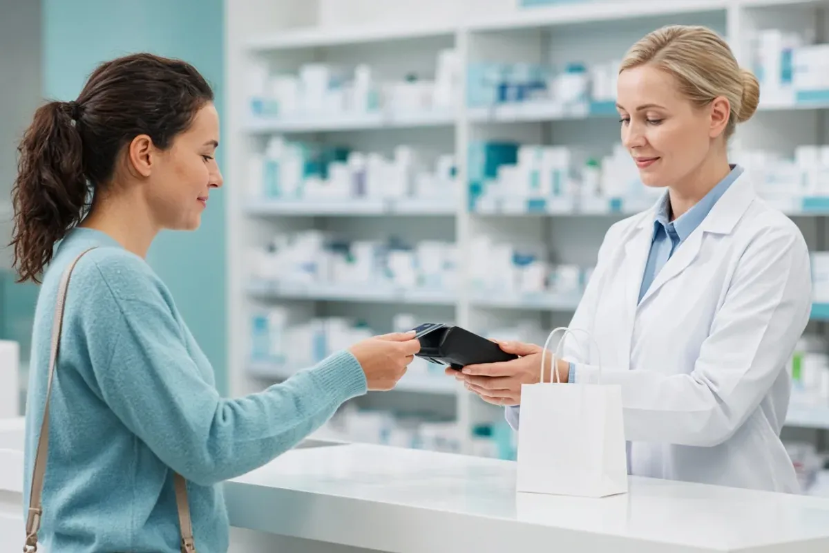 Customer paying at a pharmacy counter.