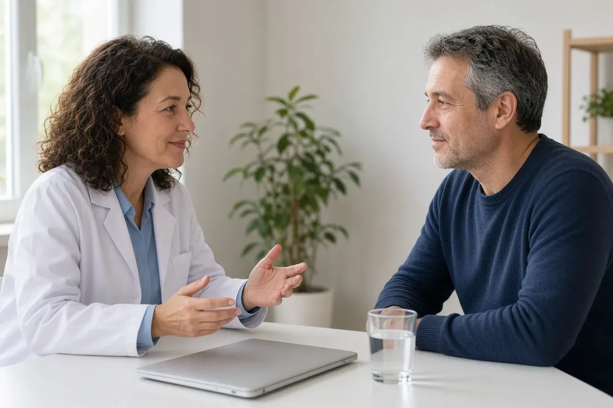 Doctor and middle-aged patient talking across a desk in a bright clinic office.