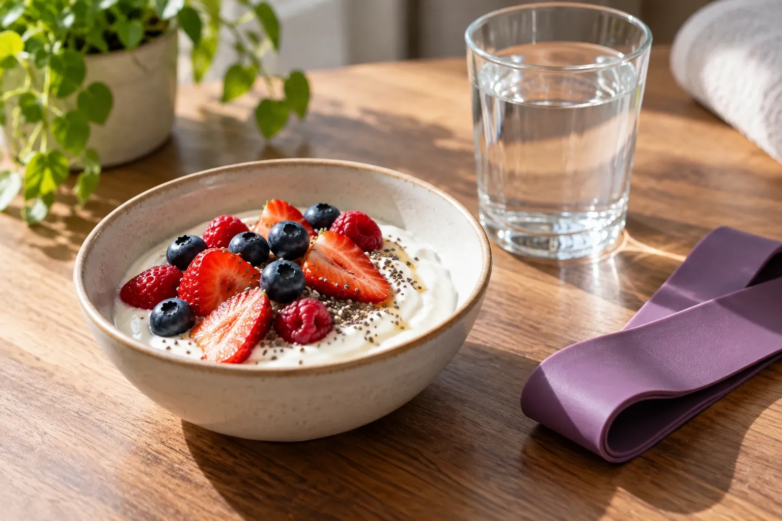 Bowl of Greek yogurt topped with berries on a wooden table beside a purple resistance band, representing protein and strength training together.