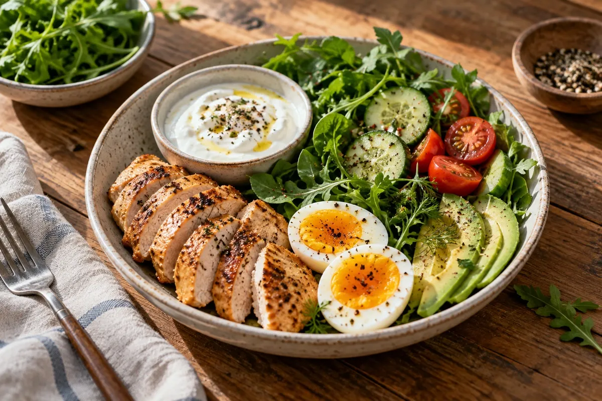 Bowl with sliced chicken, boiled egg, yogurt, avocado and mixed greens on a wooden table.