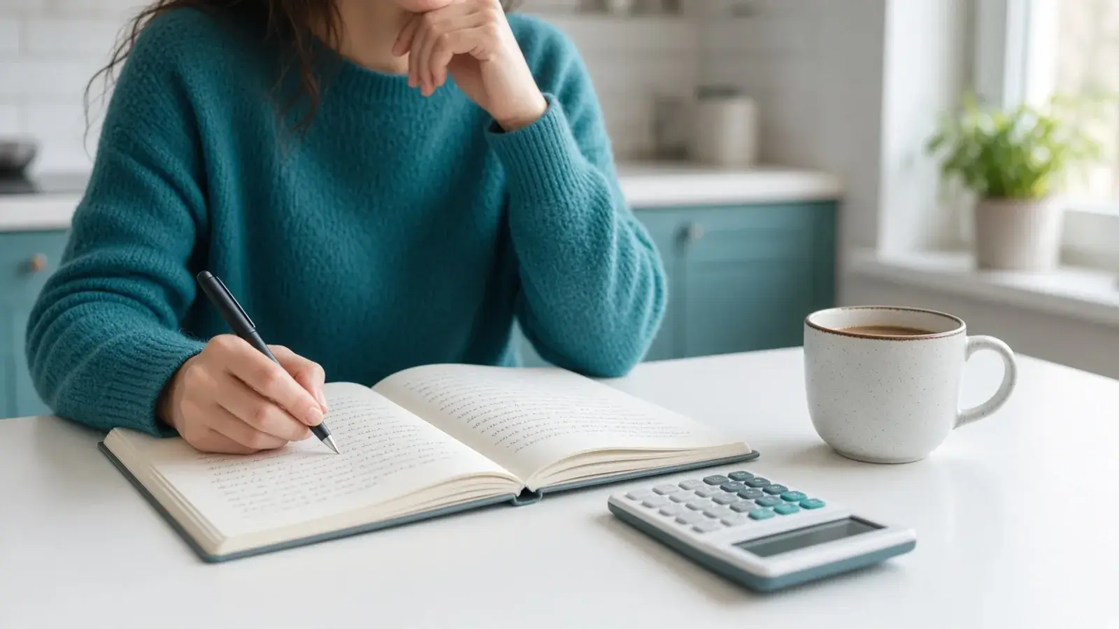 Person reviewing monthly costs with a calculator and notebook.