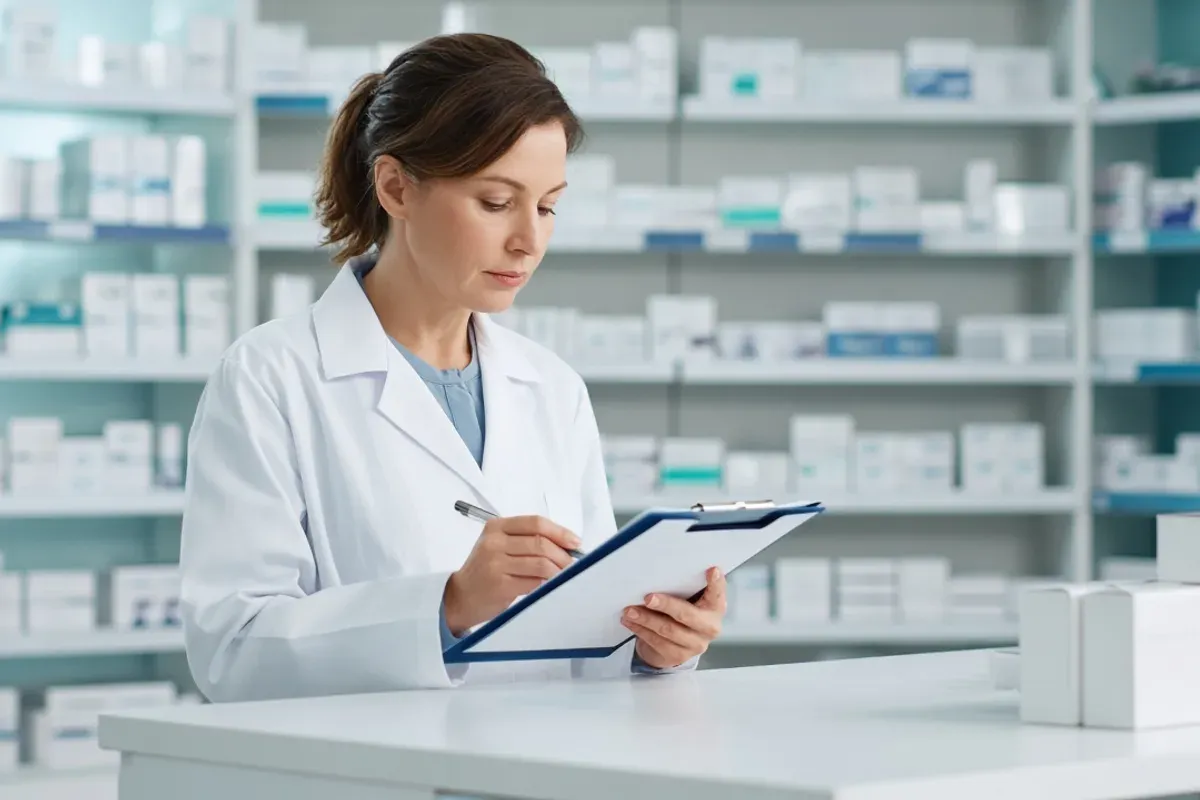 Licensed pharmacist checking a prescription at a pharmacy counter.