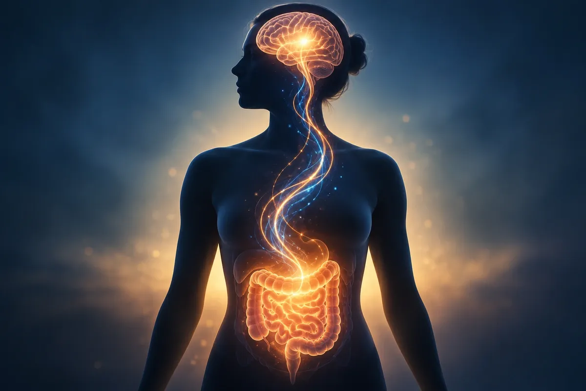 Illustrated silhouette of a body with a glowing signal path between the gut and the brain, representing appetite signalling.