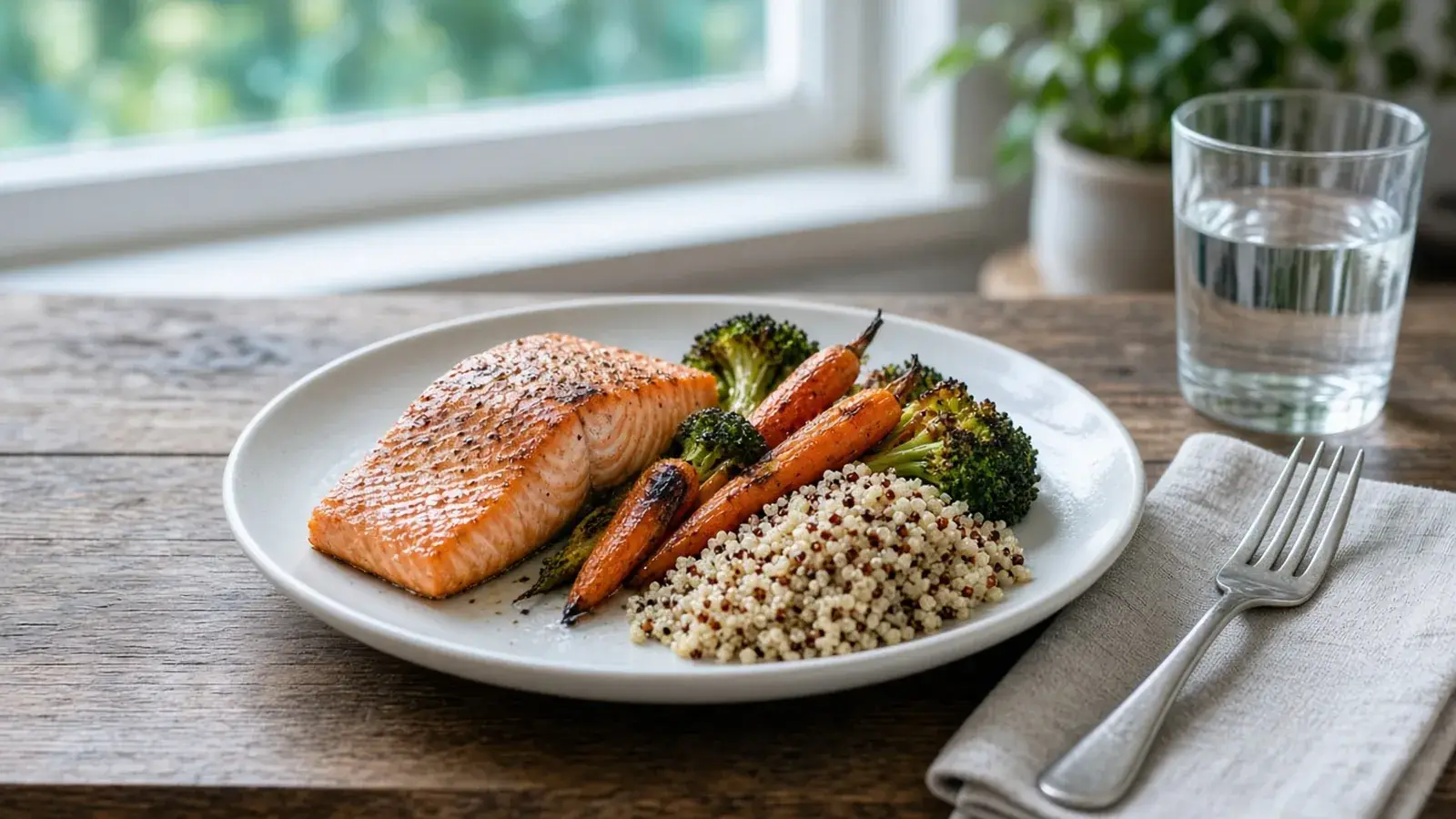 Small balanced plate of baked salmon, roasted vegetables and quinoa with a glass of water on a kitchen table.