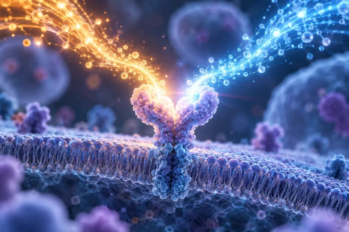 Two streams of light converging on a cell receptor, illustrating how tirzepatide activates both GIP and GLP-1 pathways.