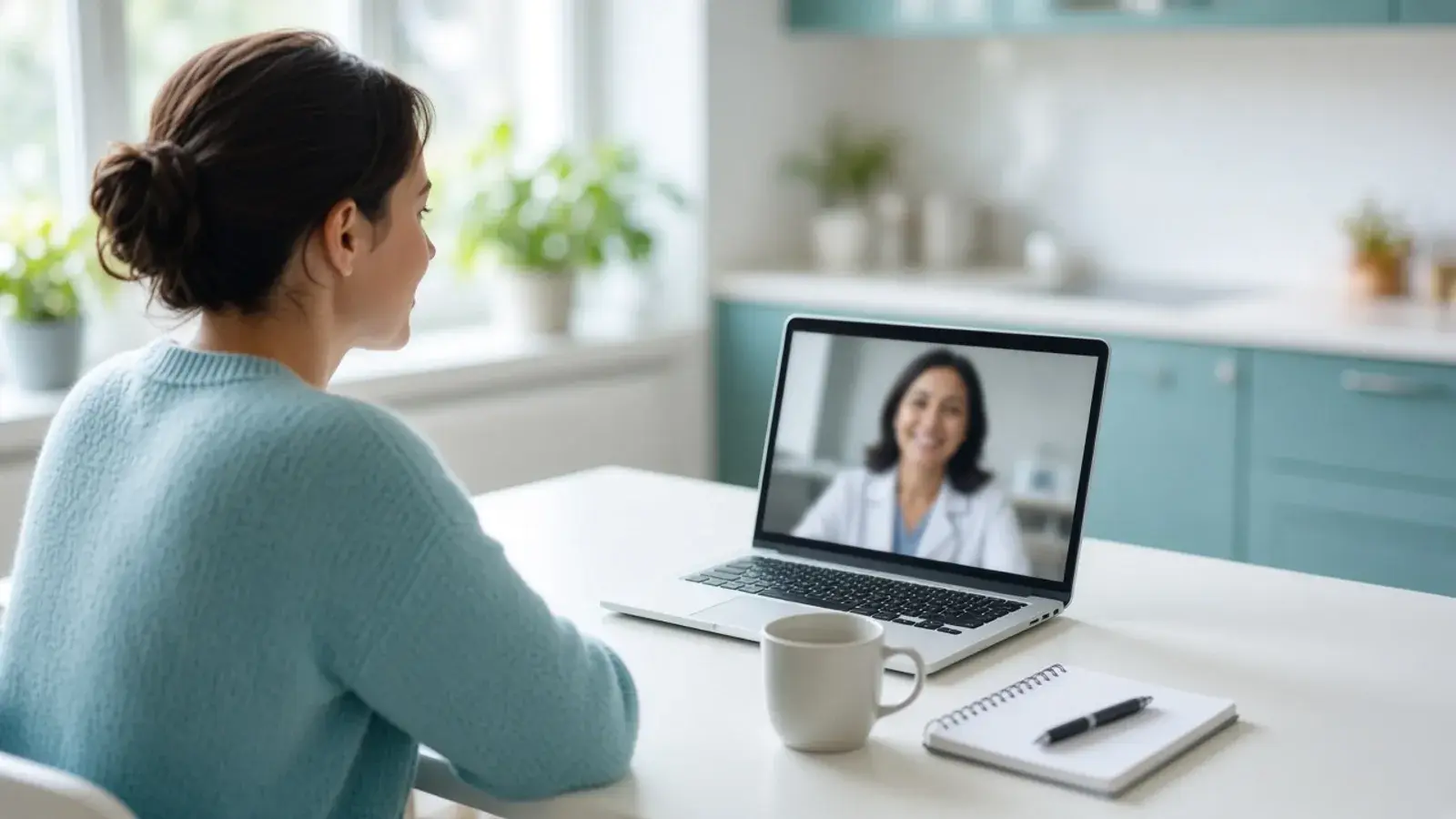 Woman at her kitchen table on a video visit with a clinician on her laptop.